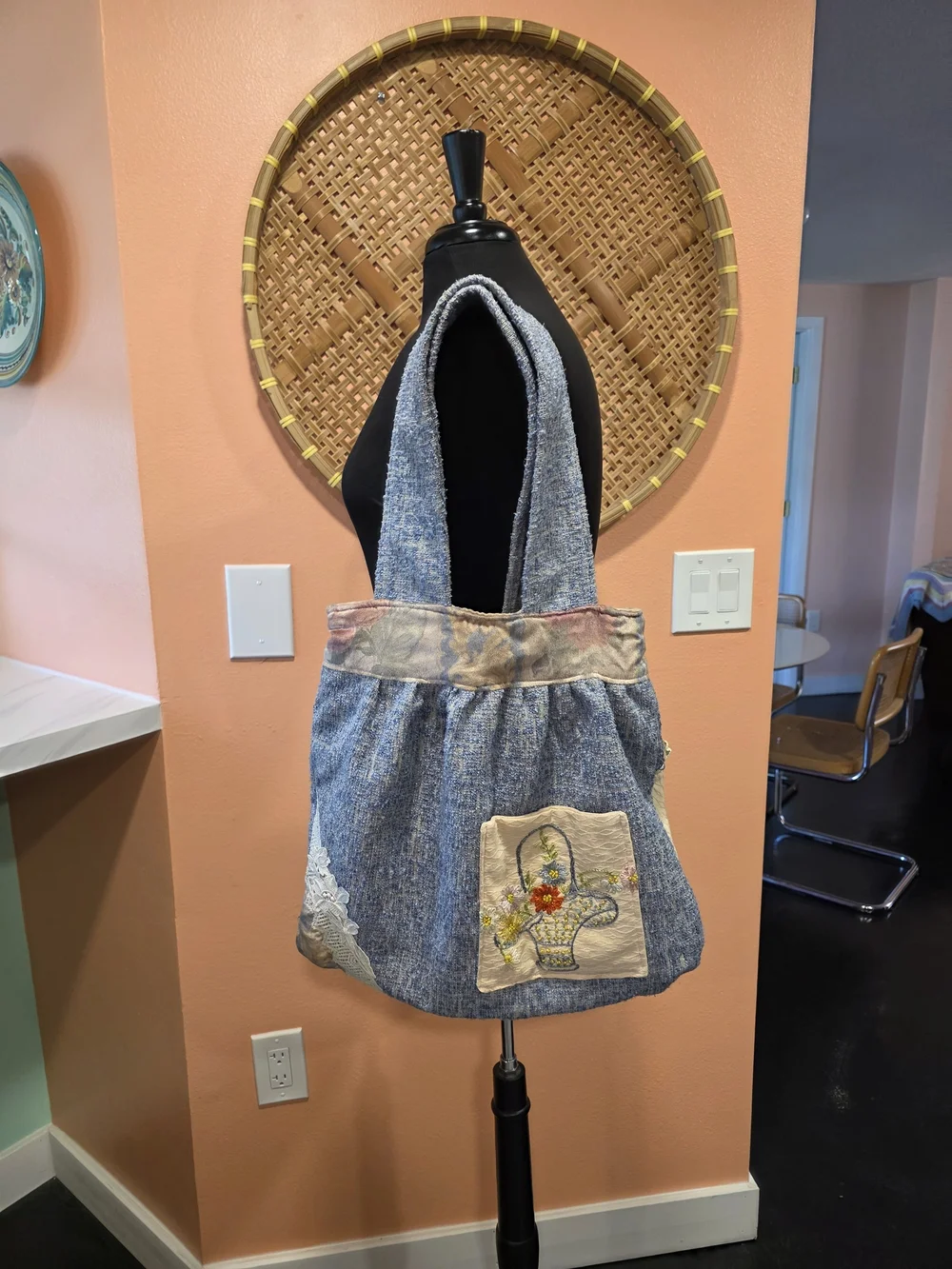Handmade Patchwork Boho Embroidered Tote Shoulder Bag - Blue Cottagecore